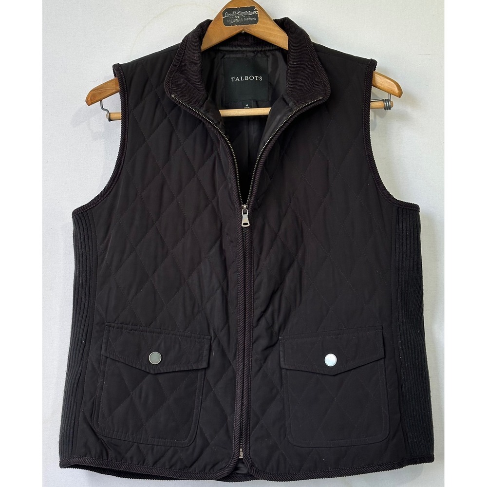 Talbots Quilted Vest Corduroy Trim Womens Medium Black Excellent